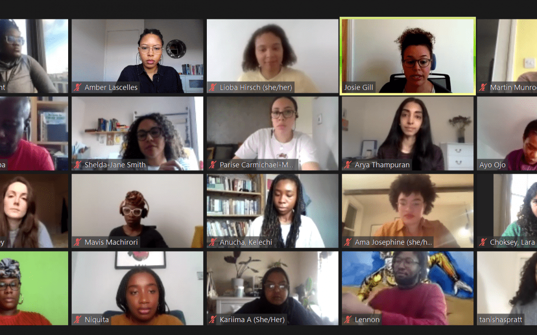 A Zoom room screenshot of twenty participants part of the Black Health and the Humanities network taken during the first online workshop