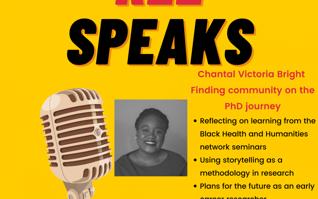 A yellow and red logo for the podcast entitled Ree Speaks, with a photograph of PhD student Chantal Bright and an illustration of a microphone
